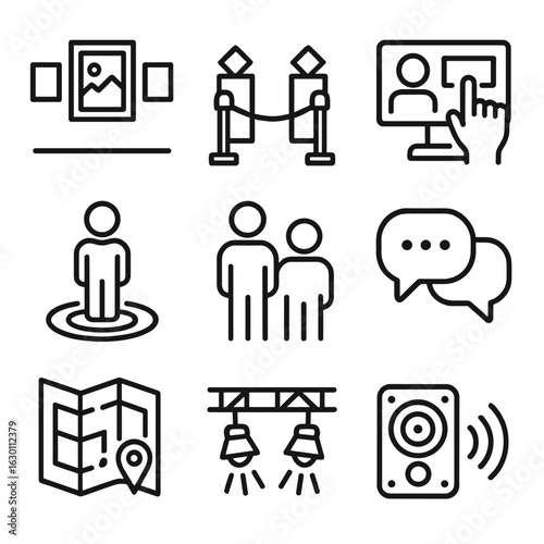 Virtual Exhibition Icons. Outline icon set of virtual exhibition elements: art frames, display stands,