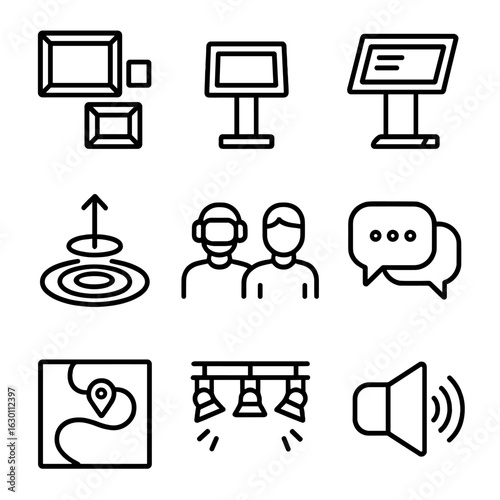 Virtual Exhibition Icons. Outline icon set of virtual exhibition elements: art frames, display stands,