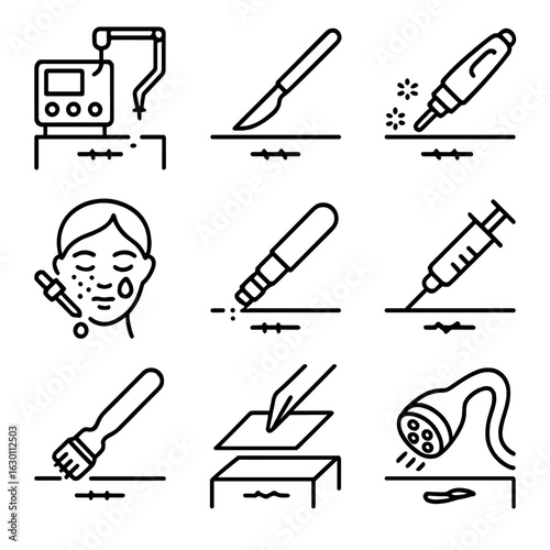 Scar Treatment Icons. Outline icon set of scar removal procedures: laser machine, surgery scalpel, cryotherapy, chemical peel,