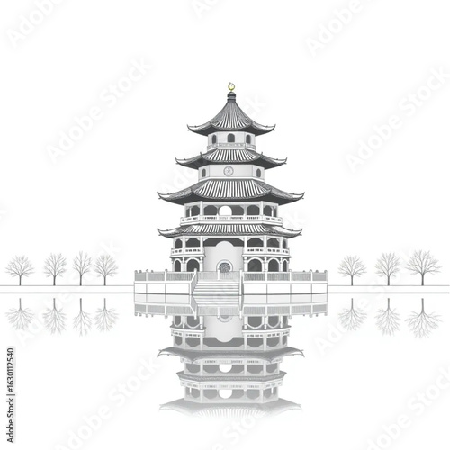 Bell Tower reflecting in calm water in Xi'an during the harvest festival