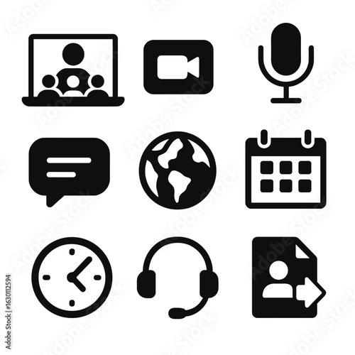 Virtual Meeting Icons. Solid, filled icons set of virtual meetings with global team members: laptop, video