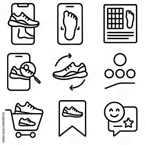 Virtual Shoe Fitting Icons. Outline icon set of virtual shoe fitting: sneaker overlay, foot scan, size chart,