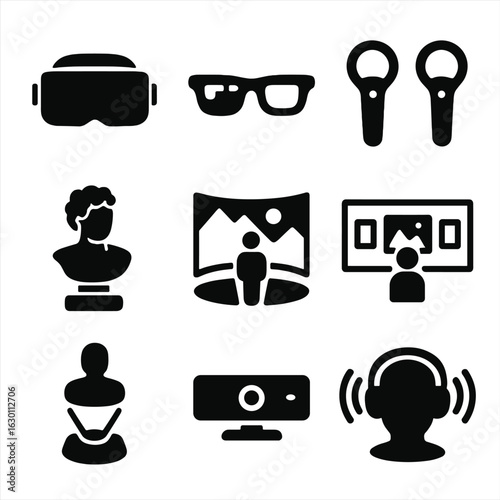 Virtual Reality Icons. Solid, filled icons set of virtual reality and augmented reality art: VR headset, AR