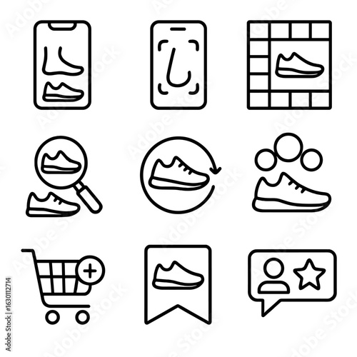 Virtual Shoe Fitting Icons. Outline icon set of virtual shoe fitting: sneaker overlay, foot scan, size chart,