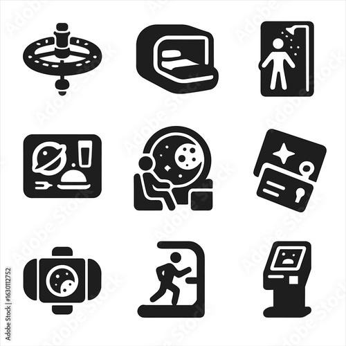 Virtual Space Hotel Icons. Solid, filled icons set of virtual space hotels: orbital hotel ring, sleeping pod,