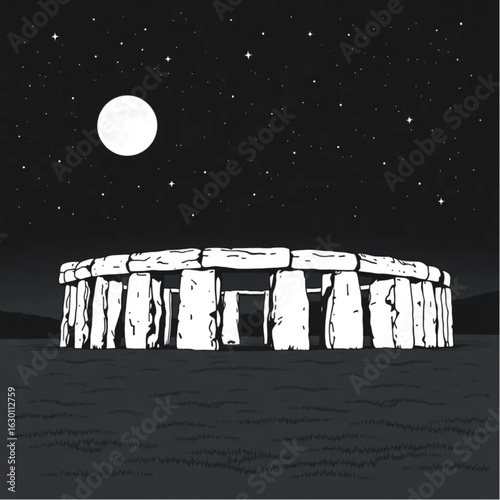 Stonehenge under a starry night in England at midnight with glowing lanterns