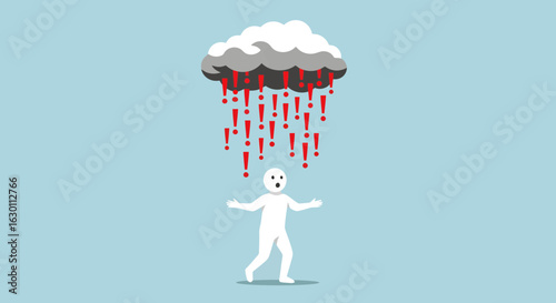 Stunned person overwhelmed by a downpour of red exclamation marks in a striking silhouette, conveying urgent alerts and warnings