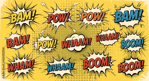 Dynamic comic book explosion sound effect bubbles BAM POW WHAM BOOM creating a vibrant and energetic visual narrative perfect for action scenes