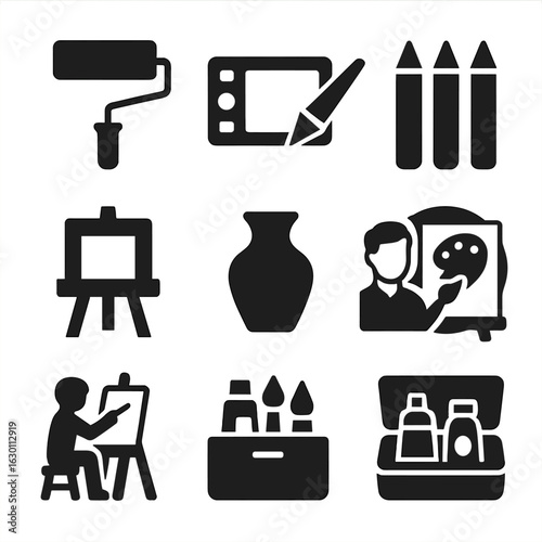 Visual Arts Icons. Solid, filled icons set of Visual arts classes: paint roller, graphic tablet, ink pen,