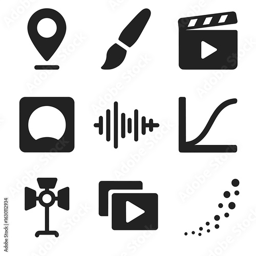 Visual Effects Icons. Solid, filled icons set of visual effects tools: timeline marker, roto brush, video clip