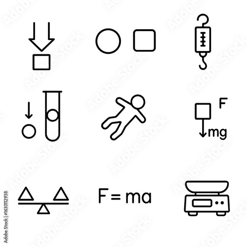Science Icon Set. Outline icon set of science weight concepts: gravity force arrow, mass vs weight, spring scale, vacuum drop test