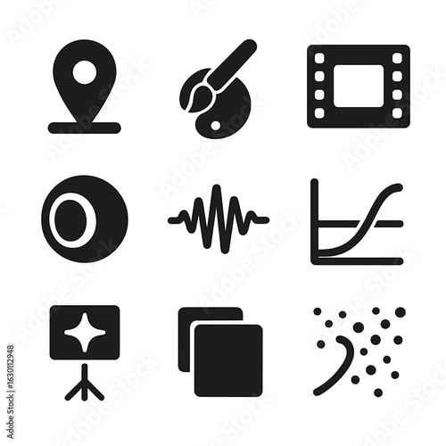 Visual Effects Icons. Solid, filled icons set of visual effects tools: timeline marker, roto brush, video clip