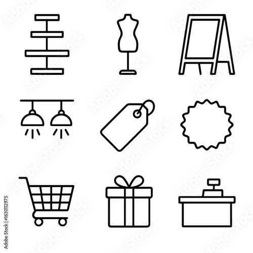 Visual Merchandising Icons. Outline icon set of visual merchandising: product stands, display mannequins,
