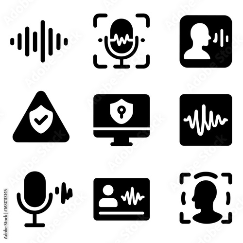Voice Authentication Icons. Solid, filled icons set of voice authentication technology: voice wave icon,