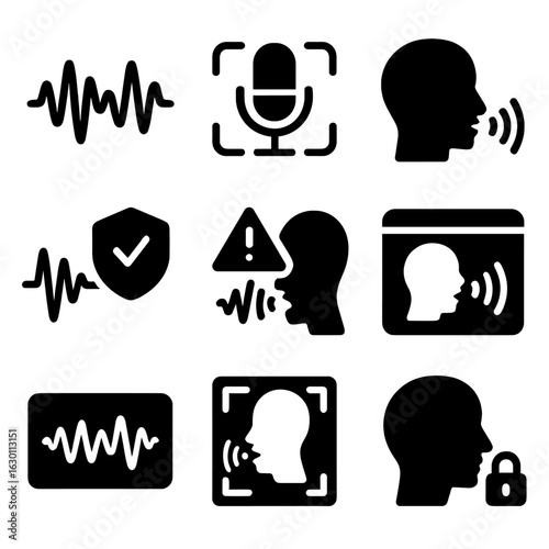 Voice Authentication Icons. Solid, filled icons set of voice authentication technology: voice wave icon,