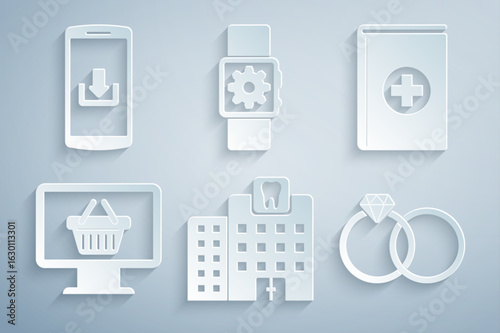 Set Dental clinic, Medical book, Monitor with shopping basket, Wedding rings, Smartwatch setting and Smartphone download icon. Vector