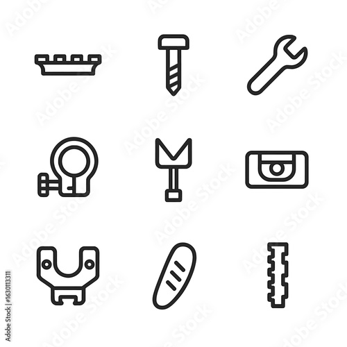 Scope Installation Icons. Outline icon set of scope installation: mounting rail, screw, wrench, clamp, alignment tool, bubble
