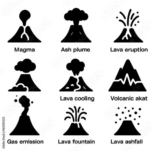 Volcanic Eruption Icons. Solid, filled icons set of volcanic eruption stages: magma rising, ash plume, lava