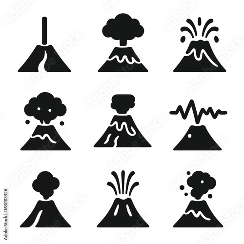 Volcanic Eruption Icons. Solid, filled icons set of volcanic eruption stages: magma rising, ash plume, lava