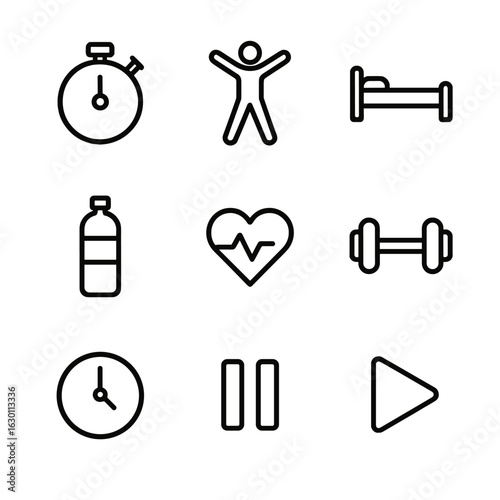 Fitness Interval Icons. Outline icon set of fitness interval countdown: stopwatch, jumping jack, rest period, water bottle, heart