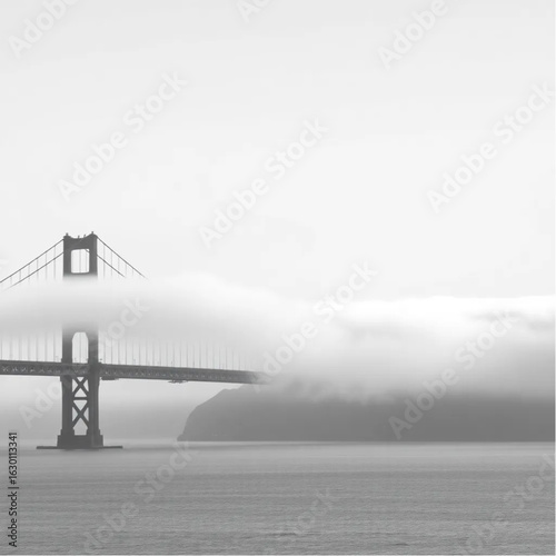 Golden Gate Bridge half-hidden in fog in San Francisco bathed in early morning light