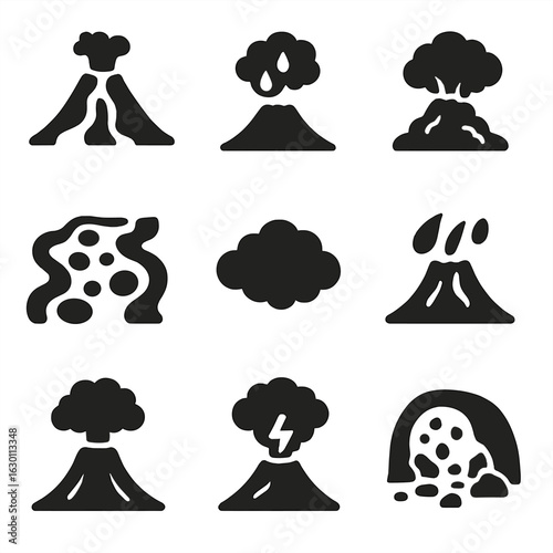 Volcanic Eruption Icon Set. Solid, filled icons set of volcanic eruption effects: lava flow, ashfall,