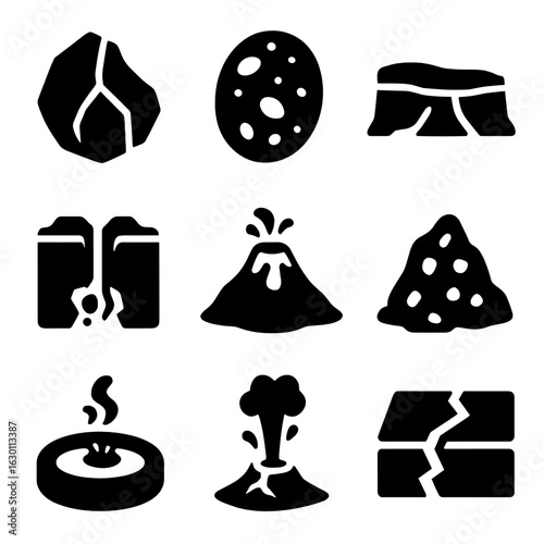 Volcanic Formation Icons. Solid, filled icons set of geological formations near volcanoes: obsidian, pumice