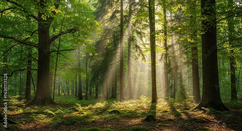 Obraz premium Sunlight streams through a dense forest.