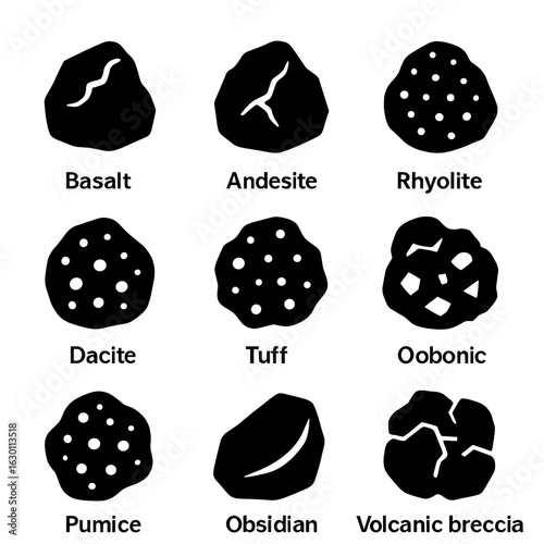 Volcanic Rock Icon Set. Solid, filled icons set of volcanic rock types: basalt, andesite, rhyolite, dacite,