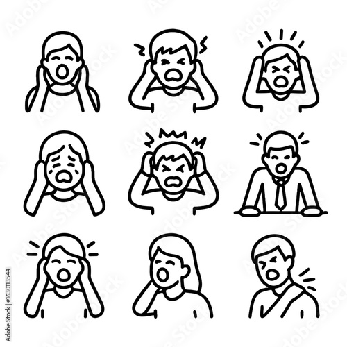 Scream Icon Set. Outline icon set of scream in stress: panic scream, overwhelmed scream, stress scream, scream of frustration,