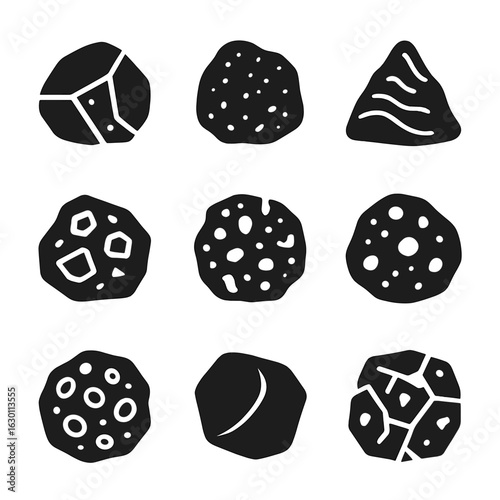 Volcanic Rock Icon Set. Solid, filled icons set of volcanic rock types: basalt, andesite, rhyolite, dacite,