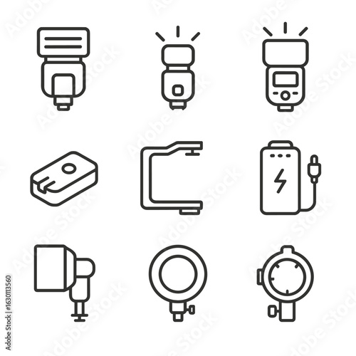Flash Equipment Icons. Outline icon set of flash equipment: external flash, hot shoe flash, speedlight, flashgun, wireless trigger