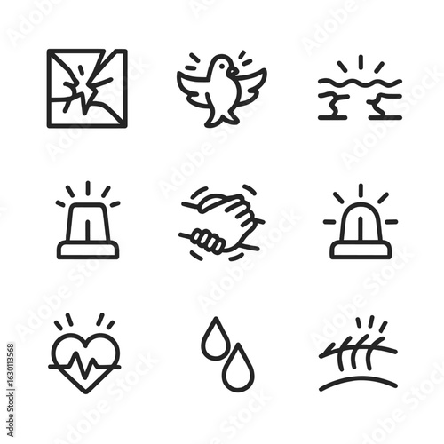 Scream Effect Icons. Outline icon set of scream effects: broken glass, startled bird, trembling ground, flashing lights, shaking