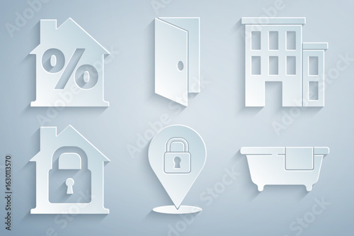 Set Location lock, House, under protection, Bathtub, Closed door and with percant discount icon. Vector