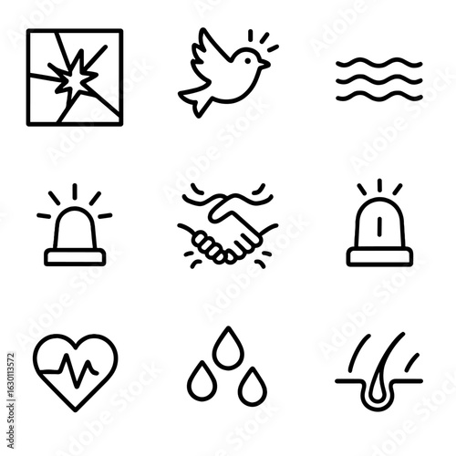 Scream Effect Icons. Outline icon set of scream effects: broken glass, startled bird, trembling ground, flashing lights, shaking