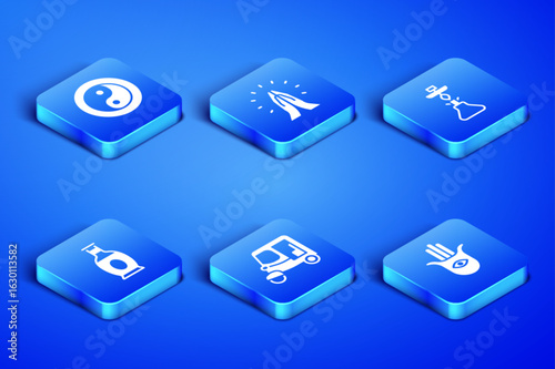 Set Hamsa hand, Yin Yang, Taxi tuk tuk, Indian vase, Hands praying position and Hookah icon. Vector