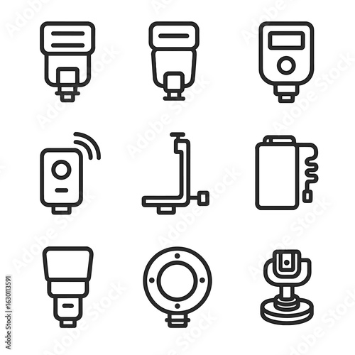 Flash Equipment Icons. Outline icon set of flash equipment: external flash, hot shoe flash, speedlight, flashgun, wireless trigger