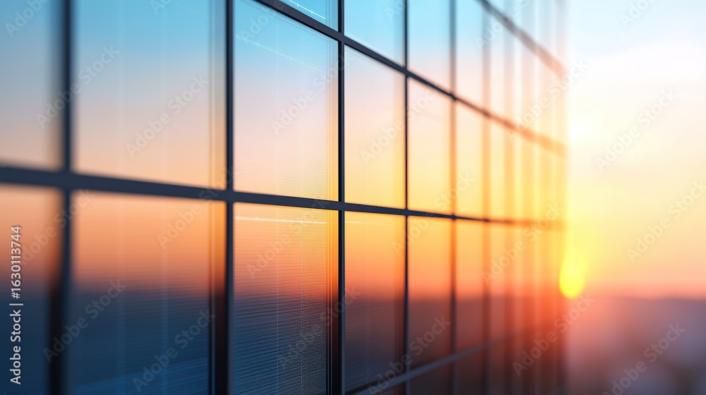 Fototapeta premium Transparent solar windows photovoltaic film, subtle grid lines, light refraction, energy capture.