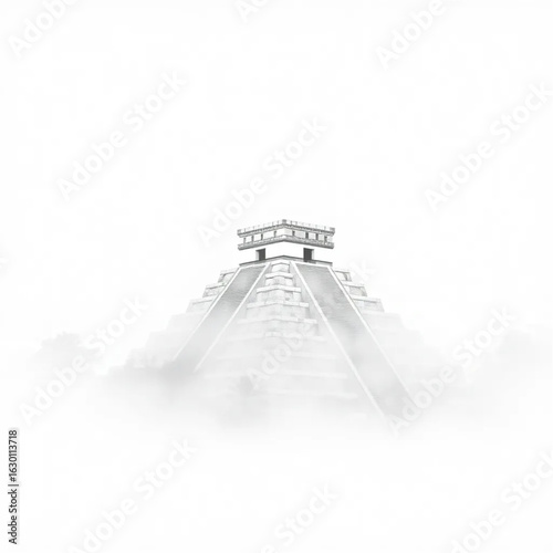 Chichen Itza half-hidden in fog in Mexico around the winter solstice