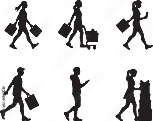 Diverse shoppers with bags and carts, active lifestyle silhouettes