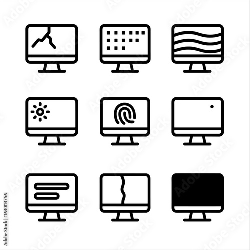 Screen Issue Icons. Outline icon set of screen problems: cracked screen, dead pixels, flicker, glare, fingerprint smudge, stuck
