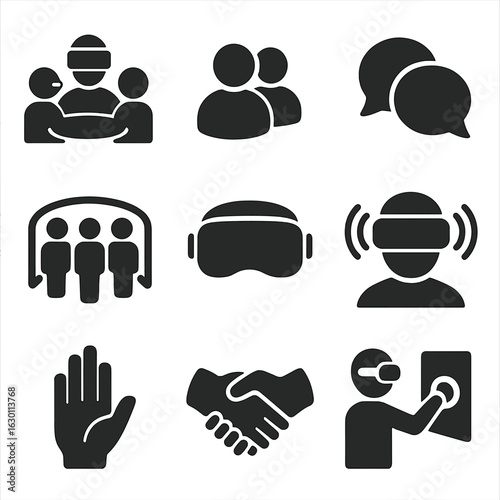 VR Social Interaction Icons. Solid, filled icons set of VR social interaction: virtual meeting, user avatars,