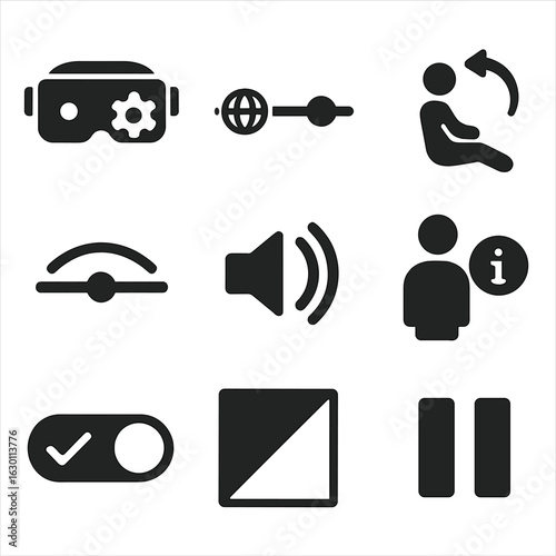 VR Settings Icons. Solid, filled icons set of customizable VR tour settings: headset settings gear, language