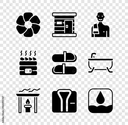 Set Flower, Sauna wooden bathhouse, Man in the sauna, Aroma candle, Bathrobe, Water drop, Hot stones and slippers icon. Vector