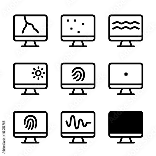 Screen Issue Icons. Outline icon set of screen problems: cracked screen, dead pixels, flicker, glare, fingerprint smudge, stuck