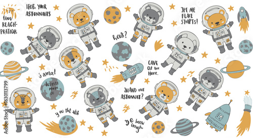A charming collection of hand-drawn animal astronauts, featuring cute bears and friends exploring outer space with planets, stars, and rockets.