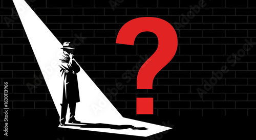 Mysterious detective in spotlight contemplating a giant red question mark, conveying intrigue and the unknown in a dramatic silhouette