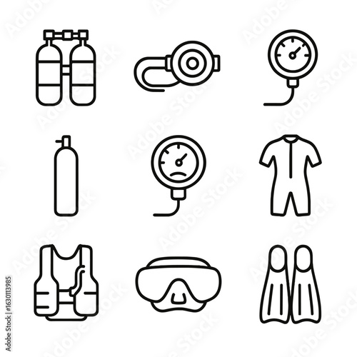 Scuba Diving Icons. Outline icon set of pressure in scuba diving: diving tank, regulator, pressure gauge, oxygen tank, depth meter
