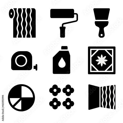 Wallpaper Pattern Icons. Solid, filled icons set of using bold wallpaper patterns for feature walls: patterned
