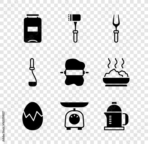 Set Jam jar, Kitchen hammer, Barbecue fork, Broken egg, Scales, French press, ladle and Rolling pin on dough icon. Vector